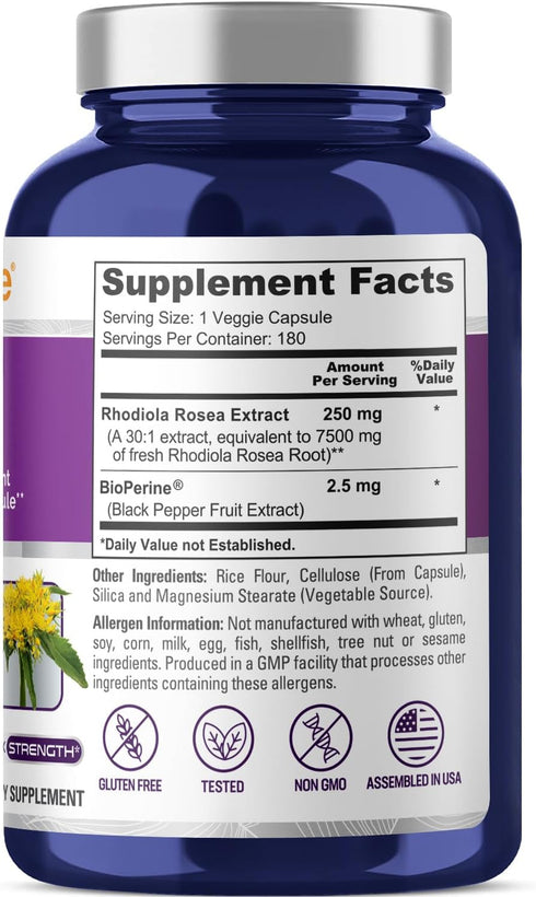 NusaPure Rhodiola Rosea 7,500mg, 180 Veggie Capsules, Non-GMO, Vegan & Gluten-Free, Extract 30:1, Bioperine