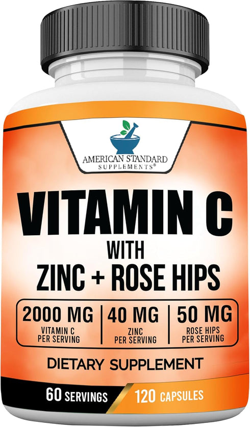 American Standard Supplements Vitamin C 2000mg, Zinc 40mg, Rose HIPS 50mg Per Serving – Vegan, Gluten Free, Non-GMO
