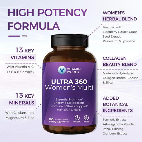 Vitamin World Ultra 360 Multivitamin for Women, with Herbs & Collagen for Hair, Skin & Nails, 180 Caplets