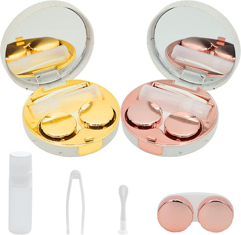 2 Pack Marble Contact Lens Case, All-in-One Travel Contact Container Soak Storage Kit (Rose Gold + Gold)