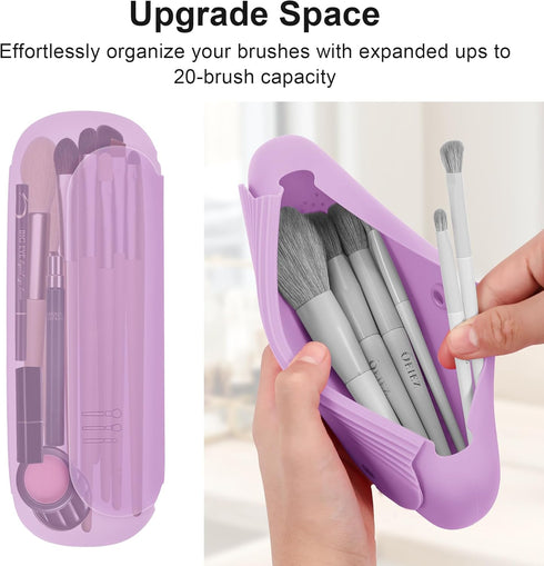 Travel Makeup Brush Holder - Silicon Portable Cosmetic Face Brushes Organizer with Built-in Cleaner (Purple)