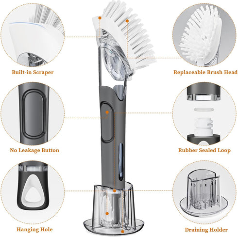 Set 2 Soap Dispensing Replacement Dish Brush Storage with PCS Brush Refills & Holder - RIMAY Dispenser Scrub Cleaning