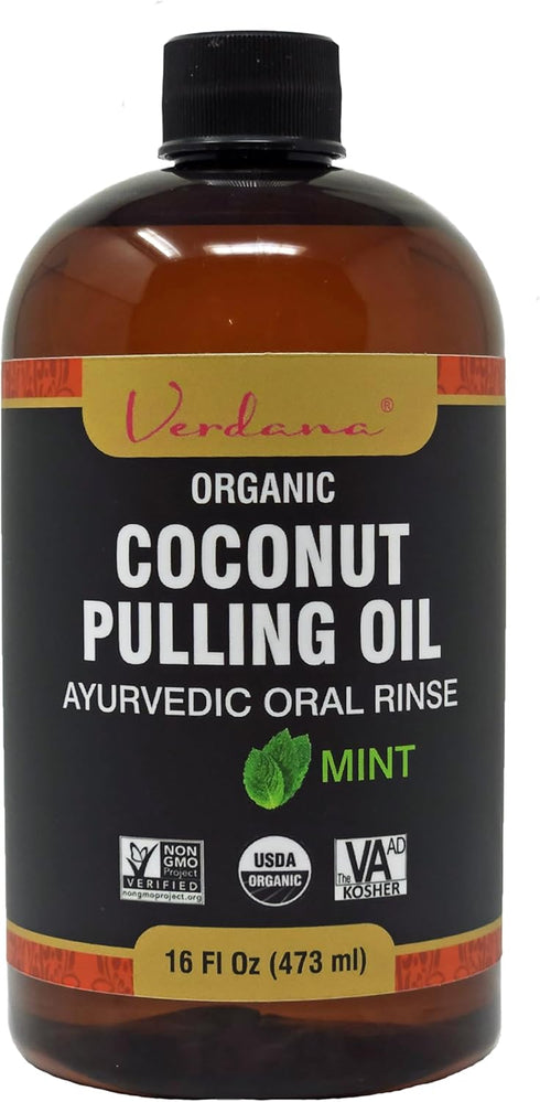 Verdana Organic Coconut Pulling Oil, Big 16 Fl Oz Size, Mint Flavor, USDA Organic Mouthwash for Fresh Breath
