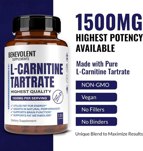 Premium L-Carnitine Tartrate Supplement, 1500mg for Energy, Lean Muscle Gain, 120 Non-GMO Capsules