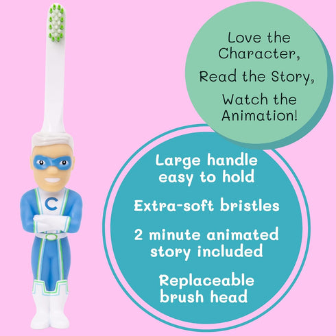 Captain Cavity Superhero Kids Toothbrush, 2-10 Years, Soft Bristles, Easy Grip, Bonus Replaceable Head