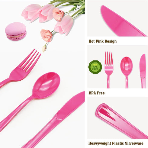 150 Pack Hot Pink Silverware, Hot Pink Plastic Cutlery, 50 Forks, 50 Knives, 50 Spoons for Birthday Bachelorette Wedding