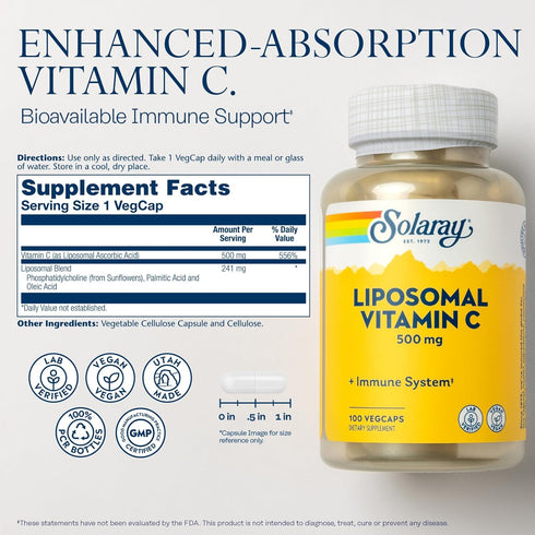 SOLARAY Liposomal Vitamin C 500mg, Enhanced Absorption Blend with Fatty Acids, 100 VegCaps, 60-Day Guarantee