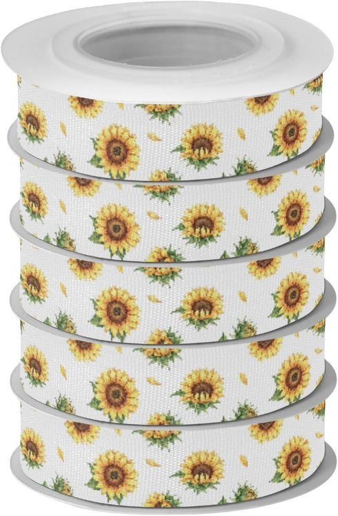 YKZEYK 1/2" 25 Ribbon for Gift Wrapping Sunflowers Leaves White Pattern Fabric Ribbon Yards, Thick Gift Wrap Ribbons