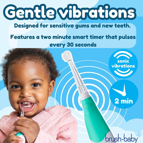 brush-baby BabySonic Electric Toothbrush for Ages 0-3 Years, Teal - Smart LED Timer & 2 Sensitive Brush Heads
