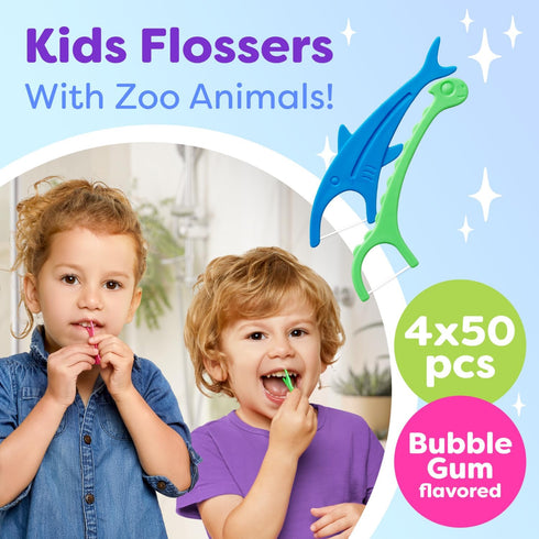 Kids Flossers 4 Pack (200 Total), Cute Animal Shapes, Floss Picks for Kids, Bubble Gum Flavored