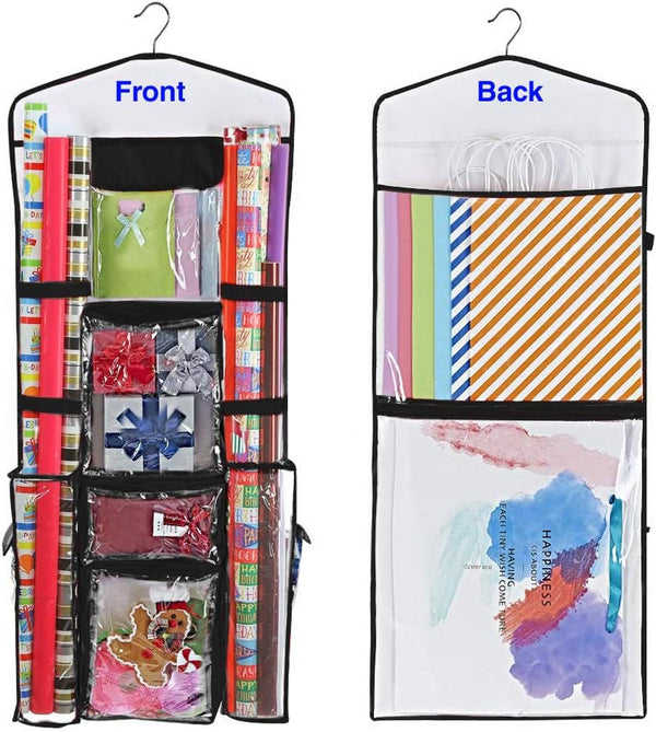ProPik Double-Sided Gift Wrap Organizer, Wrapping Paper Storage with Multiple Pockets, Fits 40 Inch Rolls (Black seam)