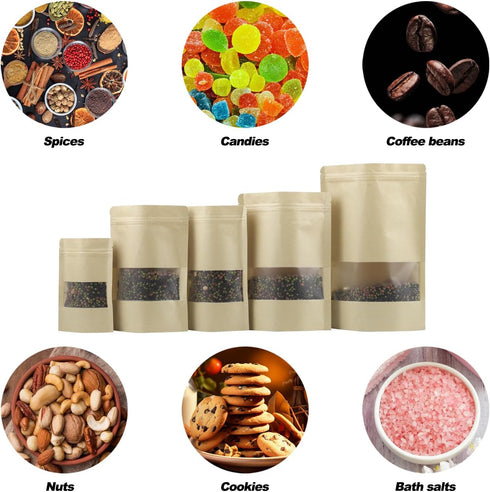 100 Pcs Resealable Kraft Paper Bags, Stand Up Pouches with Matte Window, Zip Lock Food Storage Bags (Kraft Paper,