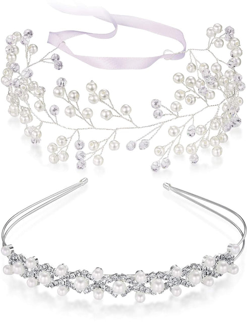 WILLBOND 2 Pieces Flower Girls Headpiece, Princess Wedding Faux Pearls Rhinestone Headband Tiara