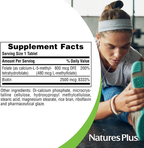 NaturesPlus Biotin & Folic Acid (Methylfolate), Sustained Release - 30 Vegetarian Tablets - Vitamin B7 & B9, Supports