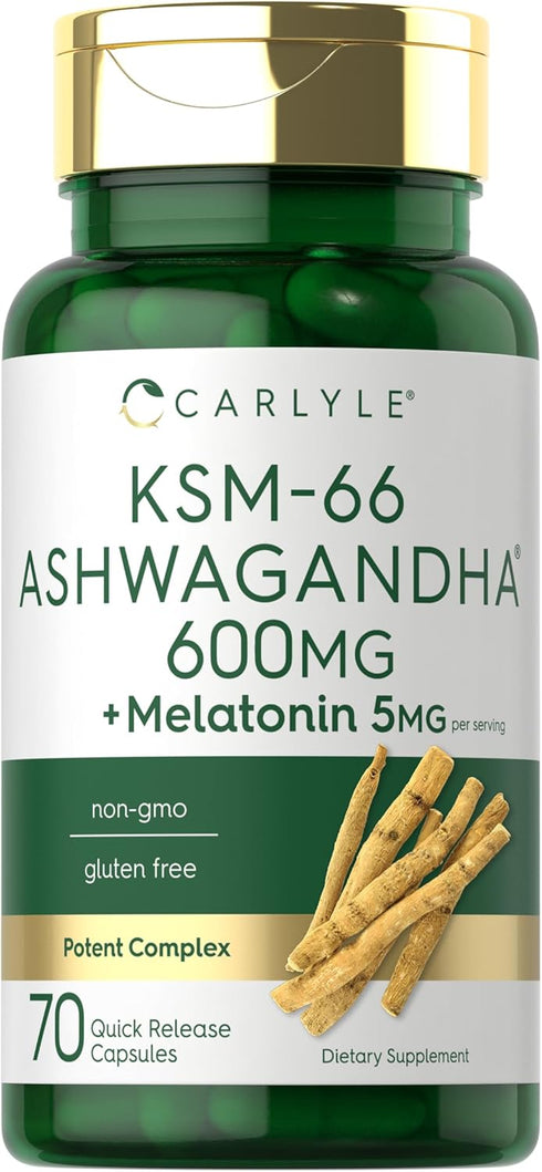 Carlyle KSM-66 Ashwagandha Capsules 600mg | 70 Count | Potent Complex with 5mg Melatonin, Non-GMO