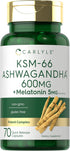 Carlyle KSM-66 Ashwagandha Capsules 600mg | 70 Count | Potent Complex with 5mg Melatonin, Non-GMO
