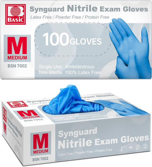 Basic Medical Nitrile Exam Gloves, Powder-Free Non-Sterile Food-Safe Cleaning Disposable Glove, Blue 100Pcs