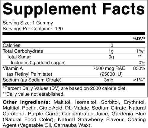 Vitamatic Sugar Free Vitamin A 25000 IU Gummies (Retinyl Palmitate) - Natural Strawberry Flavor - 120 Pectin Based Gummies (1 Bottle)