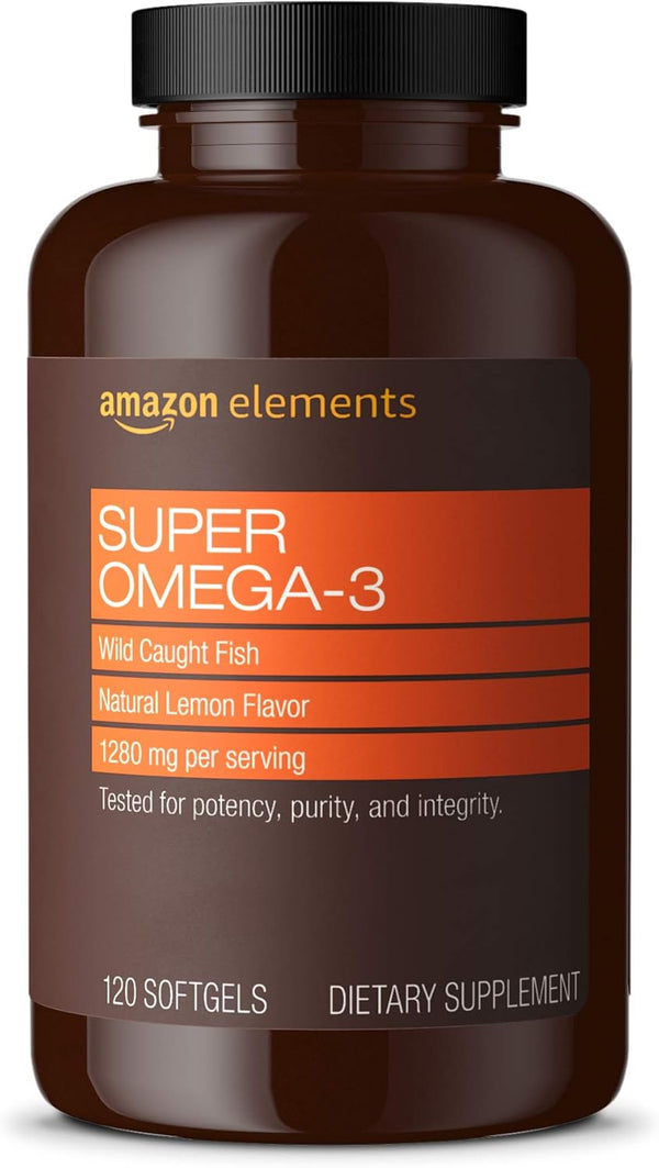 Amazon Elements Super Omega-3, Wild-Caught Fish Oil, Natural Lemon Flavor, EPA &