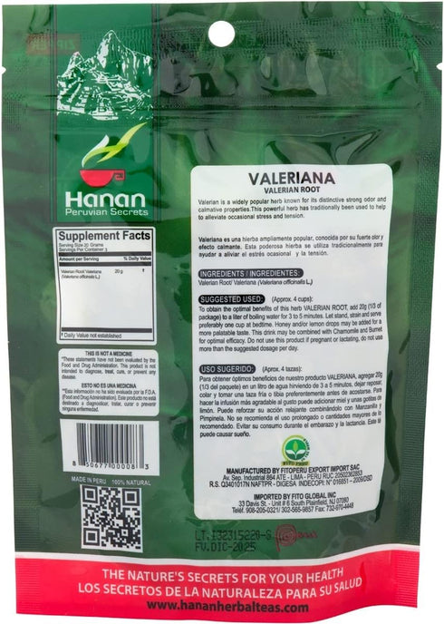 Hanan Valerian Root 2.1oz (60g) - Loose Herb Valeriana Herbal Tea from Peru, Nature’s Calming Supplement