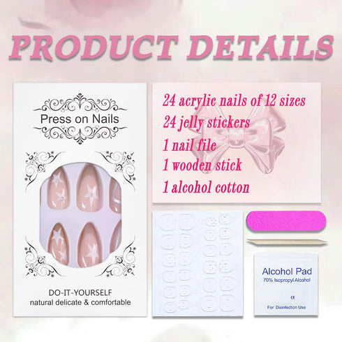 Press on Nails Medium Almond MABKJLF, French Tip Fake Nails, Nude Full Cover White Gold Nail Tip, 24 Pcs