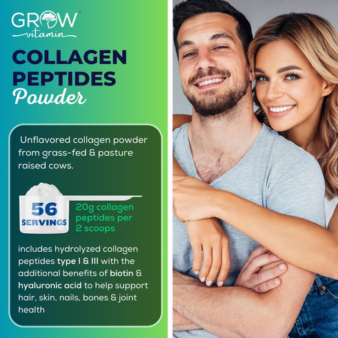 grow vitamin Collagen Peptides Powder | Grass Fed Bovine Type I & III, Promotes Hair, Nail, Skin Health, 20 OZ