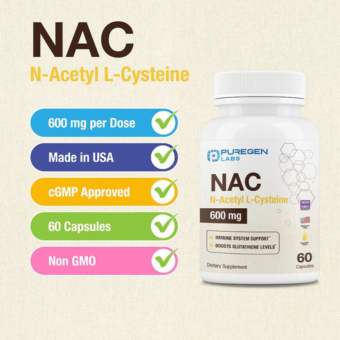 Puregen Labs N-Acetyl-L-Cysteine (NAC) 600mg, Immune and Respiratory Support, Antioxidant, 120 Veggie Capsules