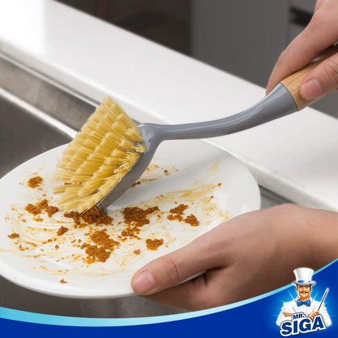 Pack 2 MR.SIGA Dish Brush with Long Bamboo Handle Built-in Scraper, Scrub Brush for Pans, Pots, Kitchen Sink Cleaning