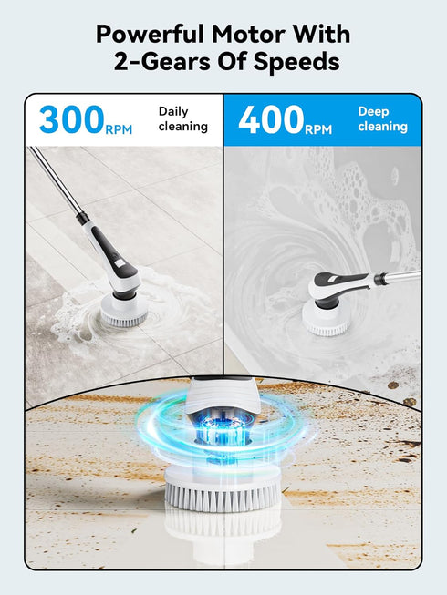 Electric Spin Scrubber, Cordless Cleaning Brush with Power Display, IP68 Waterproof, 8 Replaceable Brush Heads