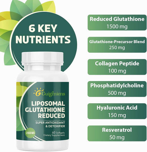 Liposomal Glutathione 2000 MG Supplement with Hyaluronic Acid, Collagen Peptide & Resveratrol, 60 Count