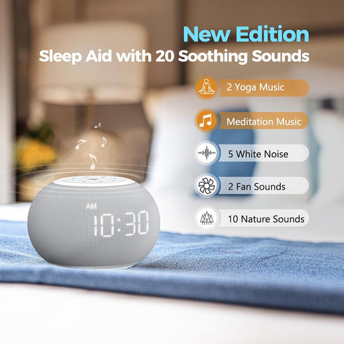 Reacher Auto-Dimmable Sound Machine Alarm Clock with Night Light, 20 Soothing Sounds, Sleep Timer