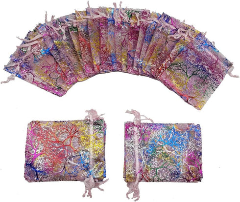 100pcs Sheer Organza Favor Bags, Rattan Print Gift Bags, Drawstring Pouches for Wedding Baby Shower (3x4 inch, coral