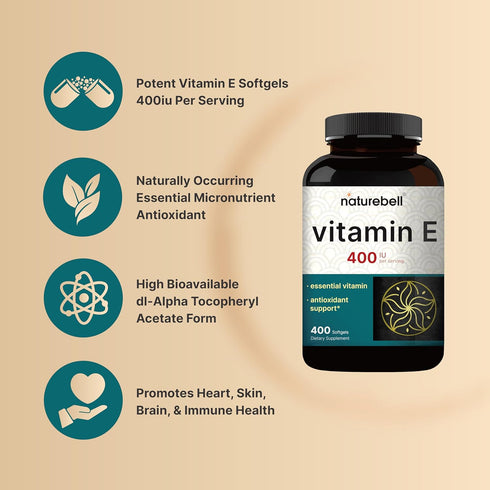 NatureBell Vitamin E Oil Softgels, 400iu Per Serving, 400 Pills, Essential Antioxidant Supplements, Non-GMO, Supports