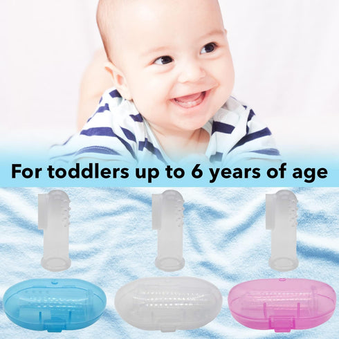 Baby Finger Toothbrush (Set of 3) - Silicone Baby Toothbrush with 3 Cases in Blue, Pink & Clear