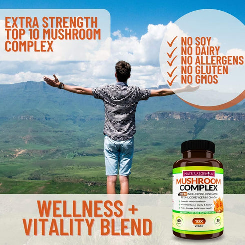 Natural Genius Top 10 Mushroom Extracts - Immune Booster with White Button, Lions Mane, Cordyceps, Chaga, Reishi Plus