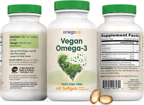 OmegaVia Vegan Omega 3 Supplement, 60 Softgels, 300mg Vegan DHA Omega-3 Fatty Acids, Plant Based, IFOS 5 Star Tested