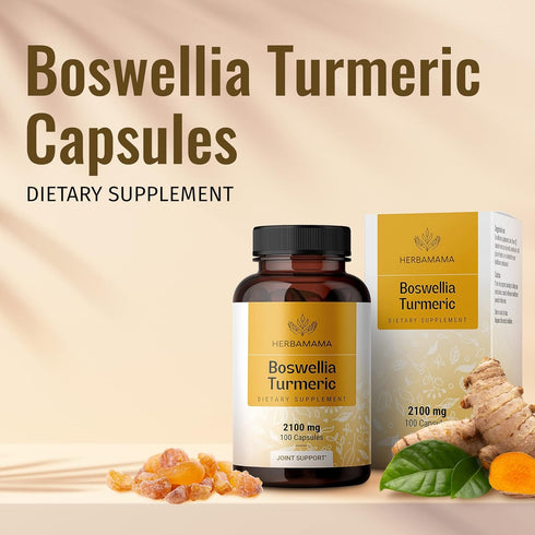 Boswellia Turmeric Capsules, Joint, Digestion & Brain Support with Organic Black Pepper Extract - 100 Capsules