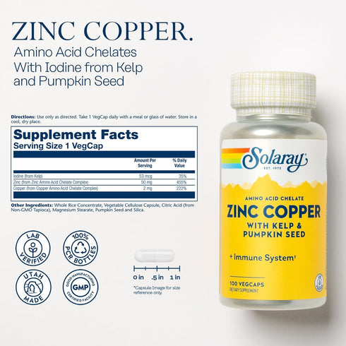 Zinc Copper Amino Acid Chelate, SOLARAY, Immune Support Supplement, 50mg, 100 VegCaps