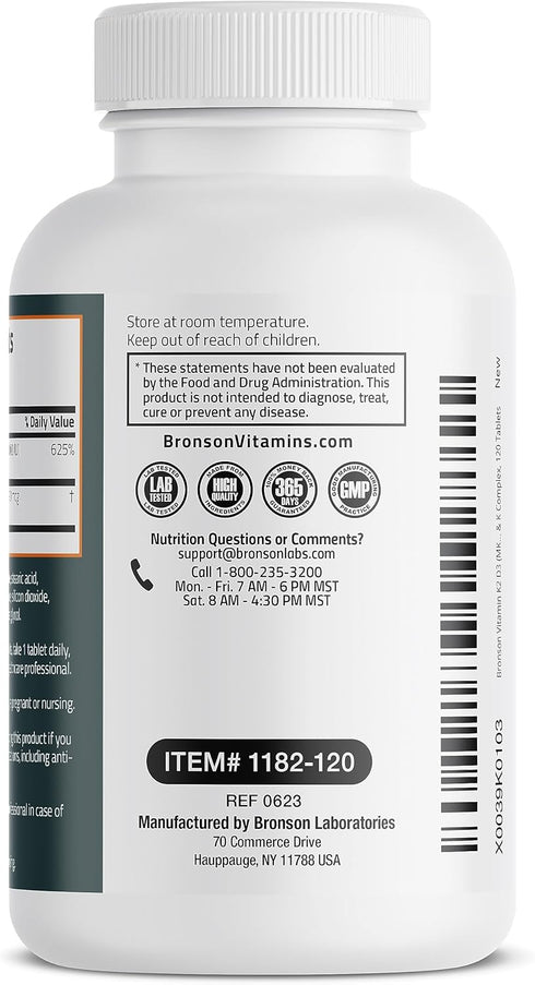 Bronson Basics Vitamin K2 D3 (MK7) Supplement, 5000IU (125 mcg) Vitamin D3 & 90 mcg Vitamin K2 MK-7, 120 Tablets