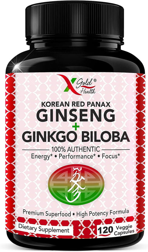 Korean Red Panax Ginseng 1200mg + Ginkgo Biloba, 120 Vegan Capsules - Extra Strength Root Extract Supplement for