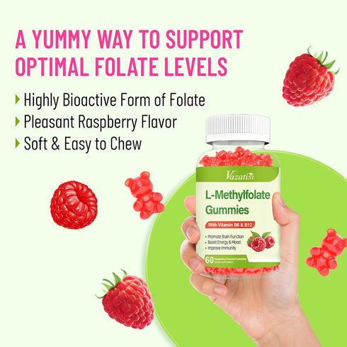 Sugar Free L-Methylfolate 15mg Gummies with Methyl B12 - 60 Count Folate Supplement for Mood, Brain Health, Immune