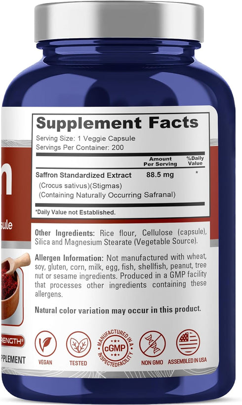 NusaPure Saffron Extract 88.5mg - 200 Veggie Caps (Vegetarian, Non-GMO, Vegan)