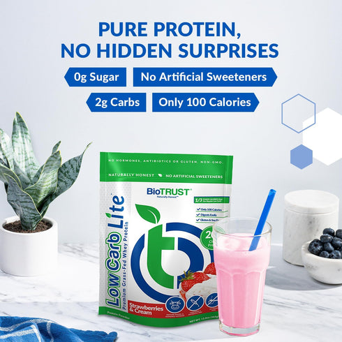 BioTrust Low Carb Lite, 20 Grams Grass-Fed Whey Protein Isolate, 100 Calories, Non-GMO, 14 Servings, Strawberries and