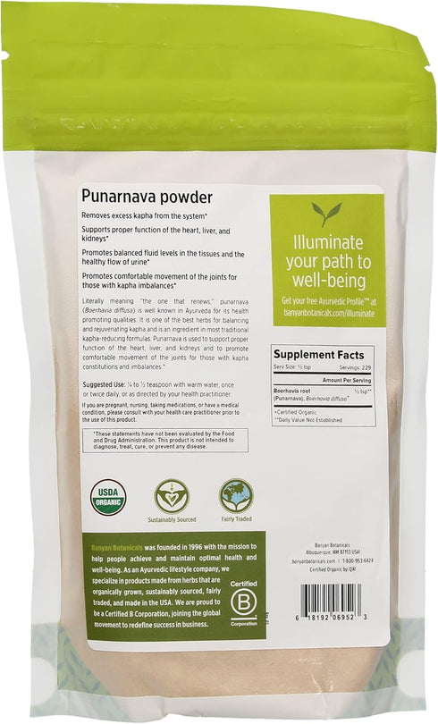 Banyan Botanicals Organic Punarnava Powder – Boerhavia diffusa for Weight Management, Liver & Kidney Support, 1/2 lb,
