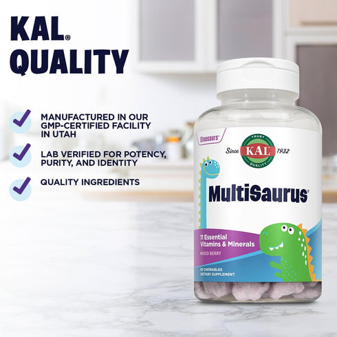 KAL MultiSaurus Kids Chewable Multivitamins, 90 Servings of 11 Essential Vitamins and Minerals in Mixed Berry Flavor,
