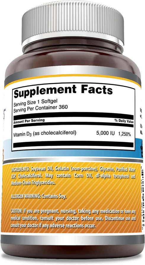 Amazing Formulas Vitamin D3 Cholecalciferol Supplement | 5000 IU Per Serving | Softgels | Non-GMO | Gluten-Free | Made in USA (360 Count)