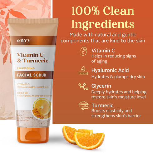 Envy Vitamin C and Turmeric Face Scrub - 200ML, Anti Aging Exfoliating Scrub for All Skin Types, Vegan & Cruelty Free