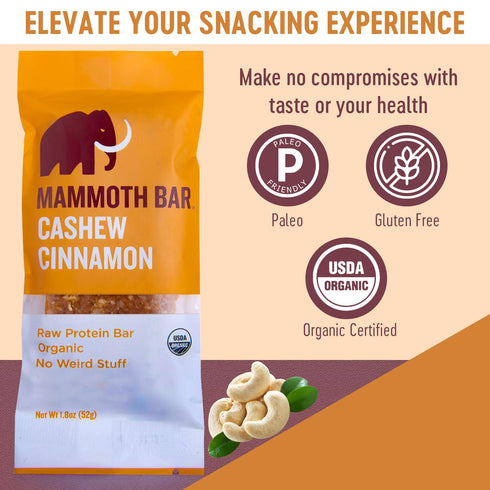 Mammoth 10-12g 1.8 Oz. (10 Cashew Cinnamon Bar- Organic, Paleo, Gluten Free and Raw by Bar, Protein, Bar Bars)