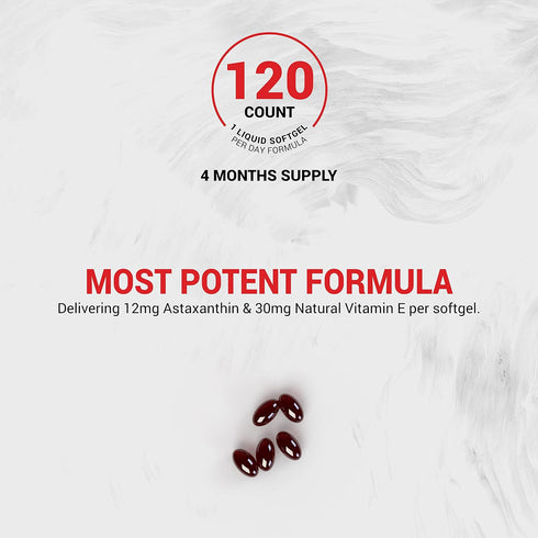 Naturalis New Zealand Astaxanthin (12mg) - Enhanced with Natural Vitamin E, Non-GMO, Soy & Gluten Free, 120 Softgels
