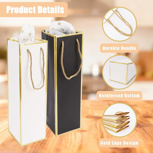 WCHOSOZH 12Pcs Wine Gift Bags, Wine Bottle Gift Bag with Tissue Paper, Reusable Gold Foil Kraft Paper Wines Bag